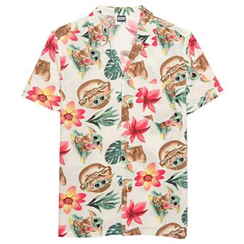 Men's Star Wars: The Mandalorian Grogu Tropical Print Graphic Short Sleeve Button-Down Shirt