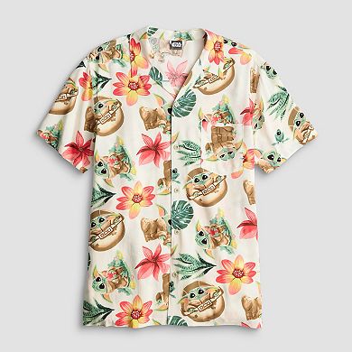 Men's Star Wars: The Mandalorian Grogu Tropical Print Graphic Short Sleeve Button-Down Shirt