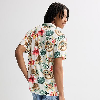 Men's Star Wars: The Mandalorian Grogu Tropical Print Graphic Short Sleeve Button-Down Shirt