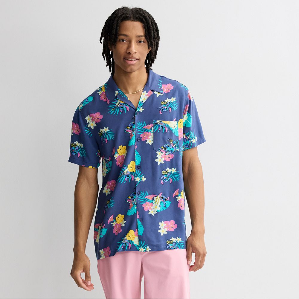 Men's Disneyâs Lilo & Stitch Tropical Stitch Print Graphic Short Sleeve Button-Down Shirt