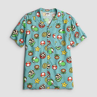Men's Super Mario Multi Character Graphic Short Sleeve Button-Down Shirt