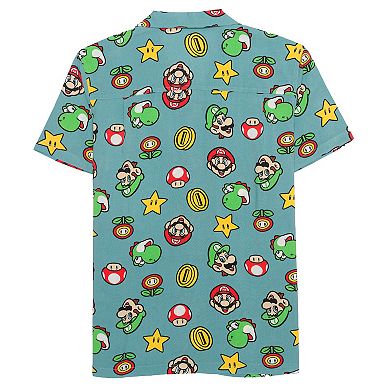 Men's Super Mario Multi Character Graphic Short Sleeve Button-Down Shirt