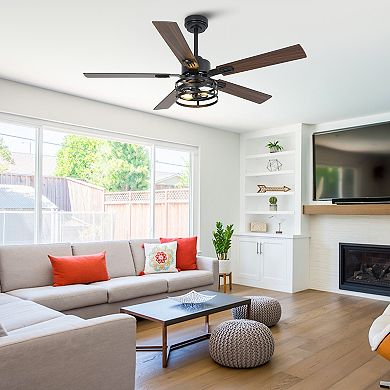 52" Industrial Reversible Wood 5-Blade Black Ceiling Fan with Remote and App Control
