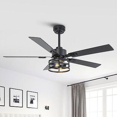52" Industrial Reversible Wood 5-Blade Black Ceiling Fan with Remote and App Control