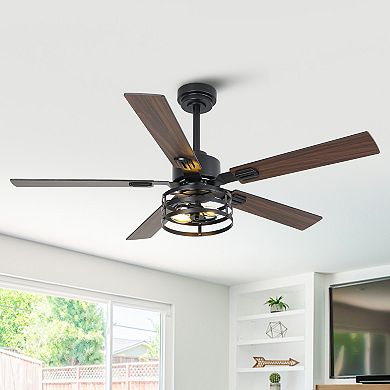 52" Industrial Reversible Wood 5-Blade Black Ceiling Fan with Remote and App Control