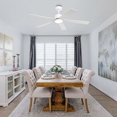 52" Modern Wooden 5-blade White Indoor LED Ceiling Fan with Light and Remote