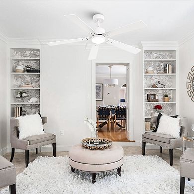 52" Modern Wooden 5-blade White Indoor LED Ceiling Fan with Light and Remote