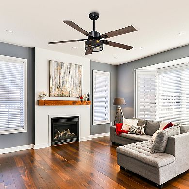 52" Industrial Black Reversible Wood 5-Blade Smart Ceiling Fan with Light and Remote, App Control