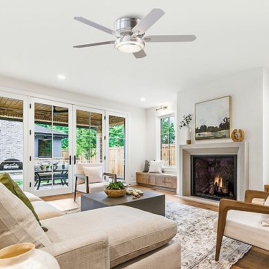 52" Modern Brushed Nickel 5-blade Flush Mount Smart Ceiling Fan with Light and App Control