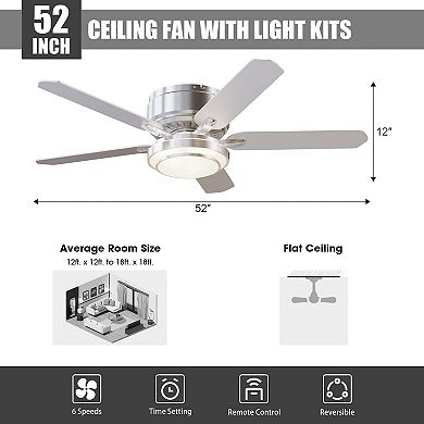 52" Modern Brushed Nickel 5-blade Flush Mount Smart Ceiling Fan with Light and App Control