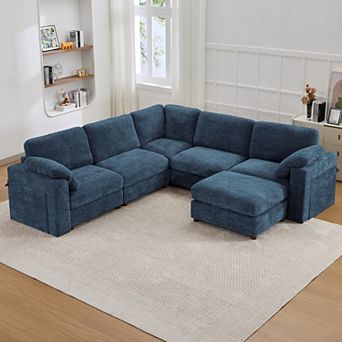 CEWOR Large L-Shaped Corner Sofa,5 Seat Cloud Cushion Sectional with Pull-Out Table, 1 Ottoman