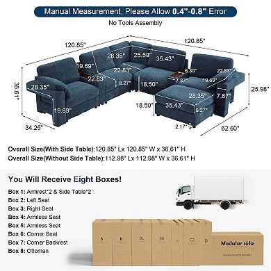 CEWOR Large L-Shaped Corner Sofa,5 Seat Cloud Cushion Sectional with Pull-Out Table, 1 Ottoman