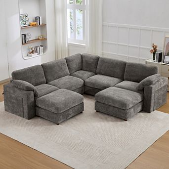 CEWOR Large L-Shaped Corner Sofa,5 Seat Cloud Cushion Sectional with Pull-Out Table, 2 Ottoman