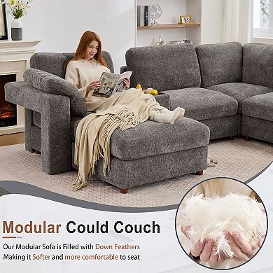 CEWOR Large L-Shaped Corner Sofa,5 Seat Cloud Cushion Sectional with Pull-Out Table, 2 Ottoman