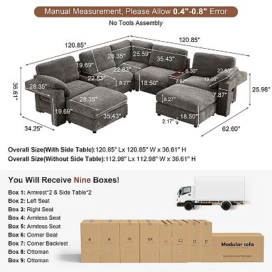 CEWOR Large L-Shaped Corner Sofa,5 Seat Cloud Cushion Sectional with Pull-Out Table, 2 Ottoman