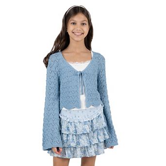 Girls 7-12 Tween Diva Crochet Cardigan & Tiered Skort 3 pc Set