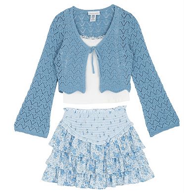 Girls 7-12 Tween Diva Crochet Cardigan & Tiered Skort 3-pc. Set