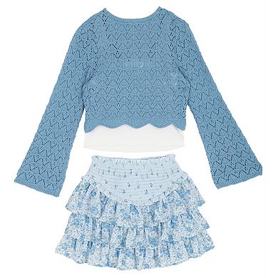 Girls 7-12 Tween Diva Crochet Cardigan & Tiered Skort 3-pc. Set