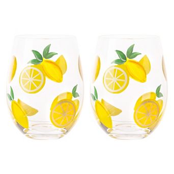 Home Essentials 2 pc Lemon Pattern Stemless Wine Glass Set