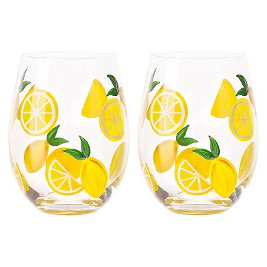 Home Essentials 2-Piece Lemon Pattern Stemless Wine Glass Set
