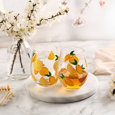 Home Essentials 2-Piece Lemon Pattern Stemless Wine Glass Set