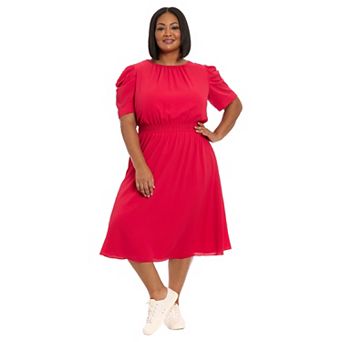 Plus Size London Times Jewelneck Red Chiffon Midi Dress
