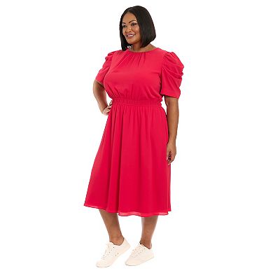Plus Size London Times Jewelneck Red Chiffon Midi Dress