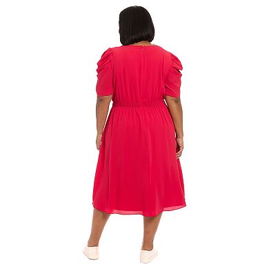 Plus Size London Times Jewelneck Red Chiffon Midi Dress