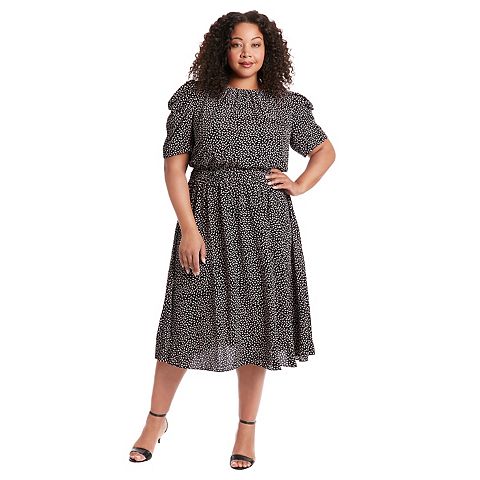 Женские платья London Plus Size London Times Jewelneck Black & White Chiffon Midi Dress