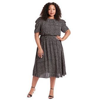 Plus Size London Times Jewelneck Black & White Chiffon Midi Dress