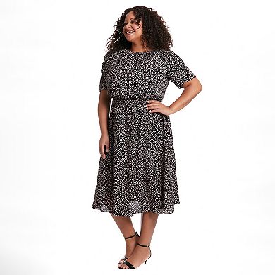 Plus Size London Times Jewelneck Black & White Chiffon Midi Dress