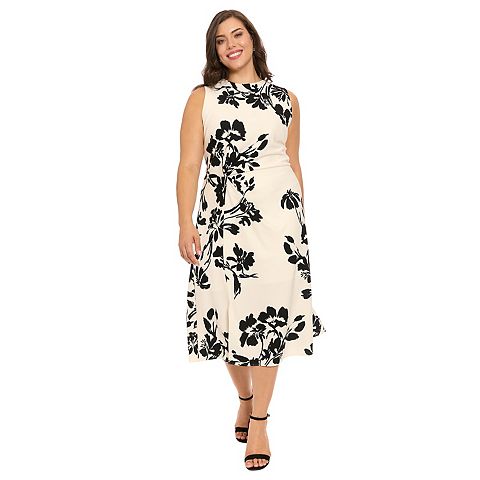 Женские платья London Plus Size London Times Pleated Waist Floral Print Midi Dress