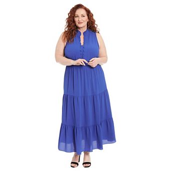 Plus Size London Times Ruffle Neck Sleeveless Smocked-Waist Tiered Maxi Dress