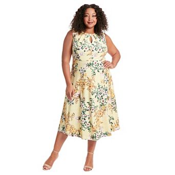 Plus Size London Times Yellow Floral Keyhole Midi Dress