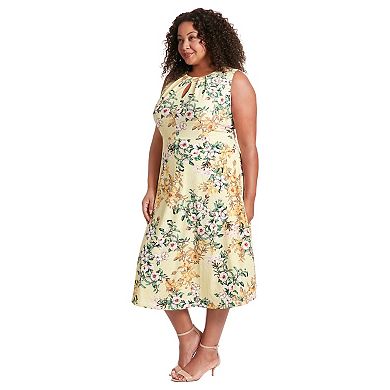 Plus Size London Times Yellow Floral Keyhole Midi Dress
