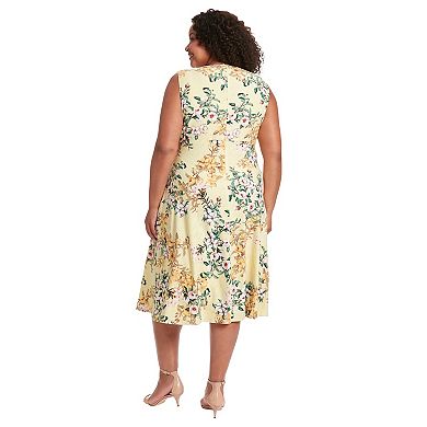 Plus Size London Times Yellow Floral Keyhole Midi Dress