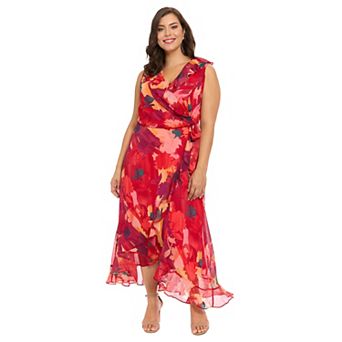 Plus Size London Times V-Neck Side-Tie Ruffle Wrap Maxi Dress
