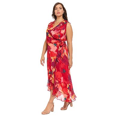 Plus Size London Times V-Neck Side-Tie Ruffle Wrap Maxi Dress