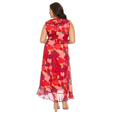 Plus Size London Times V-Neck Side-Tie Ruffle Wrap Maxi Dress