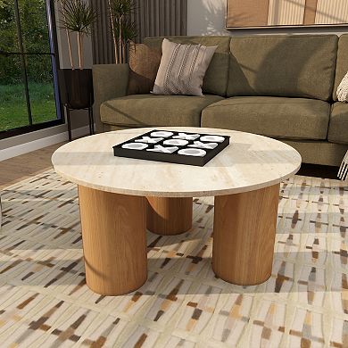 Stella & Eve Wood Round Coffee Table with Marble Top
