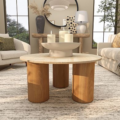 Stella & Eve Wood Round Coffee Table with Marble Top