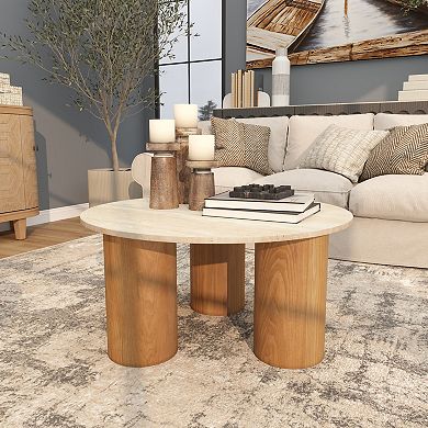 Stella & Eve Wood Round Coffee Table with Marble Top
