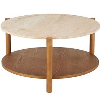 Stella & Eve Wood Coffee Table with Round Marble Top and Lower Shelf