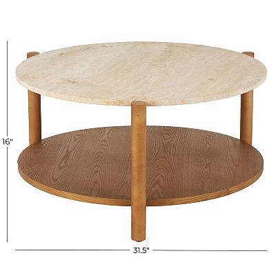 Stella & Eve Wood Coffee Table with Round Marble Top and Lower Shelf