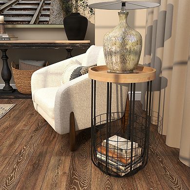 Stella & Eve Metal Wire Basket Storage Accent Table with Wood Top
