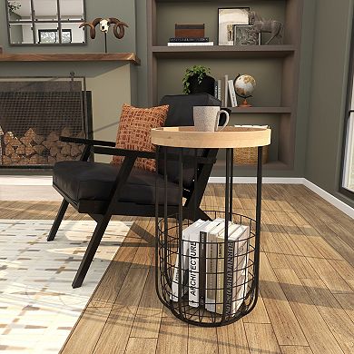 Stella & Eve Metal Wire Basket Storage Accent Table with Wood Top