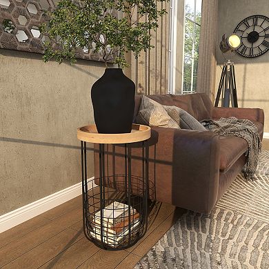 Stella & Eve Metal Wire Basket Storage Accent Table with Wood Top