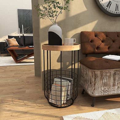Stella & Eve Metal Wire Basket Storage Accent Table with Wood Top