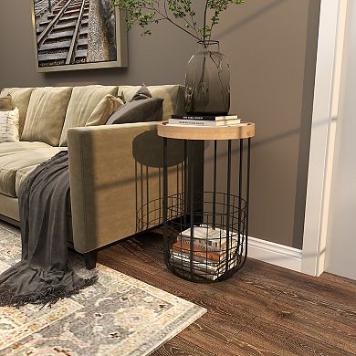 Stella & Eve Metal Wire Basket Storage Accent Table with Wood Top