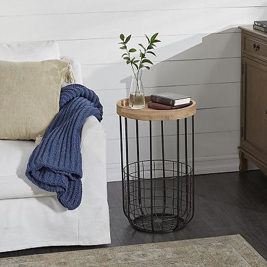 Stella & Eve Metal Wire Basket Storage Accent Table with Wood Top